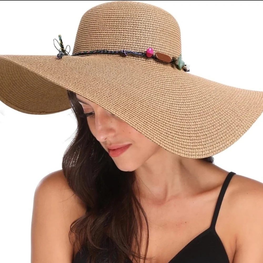 Bohemian Large straw hat with beading detailing with chin strap and bow tie